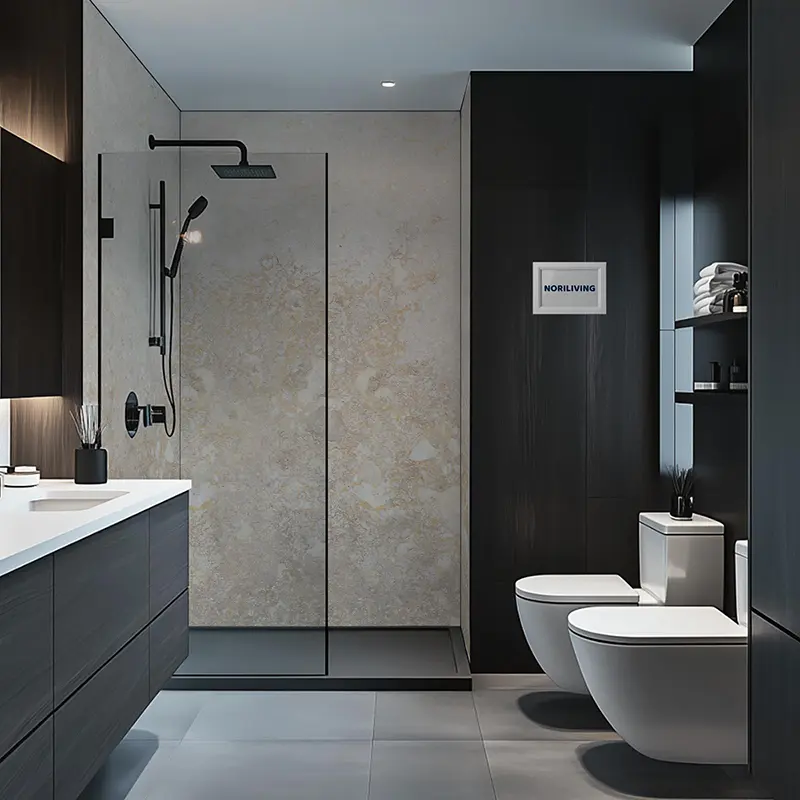 Minimalistisches Bad mit begehbarer Glasdusche und WC