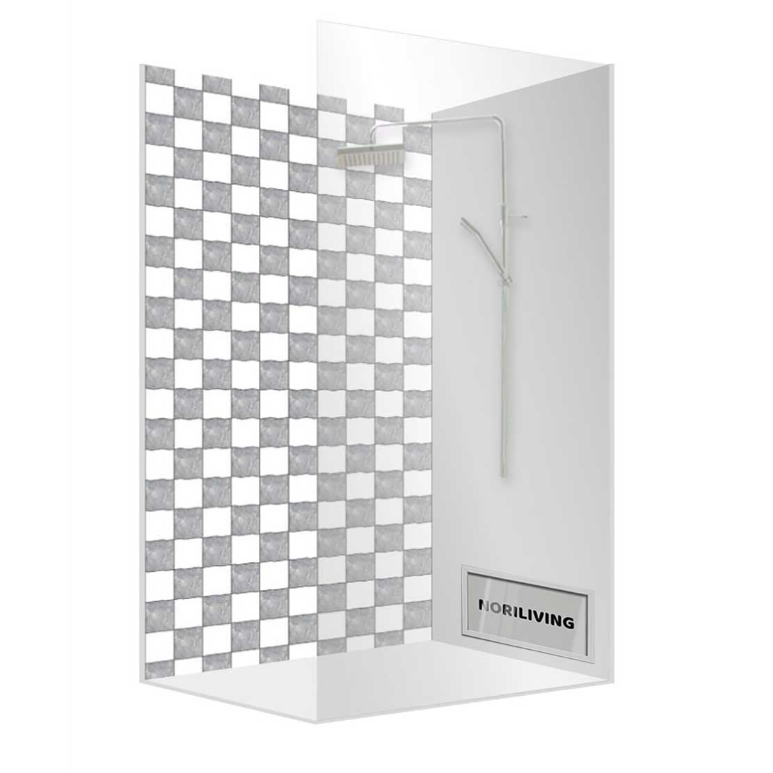 Eckdusche mit elegantem quadratischem Schachbrettmuster und Regaleinsatz in weißem Bad