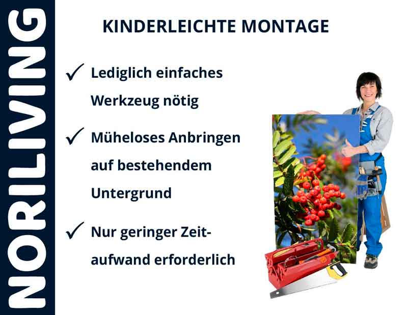 Werbung für kinderleichte Montage von Noriliving Werbung für einfache Montage mit wenigen Werkzeugen von Noriliving, abgebildet mit Person und Bild.