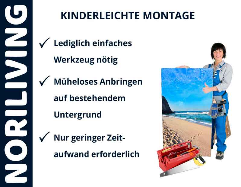 Noriliving Anleitung zur kinderleichten Montage mit einfachem Werkzeug, wenig Zeitaufwand und mühelosem Anbringen auf bestehendem Untergrund.