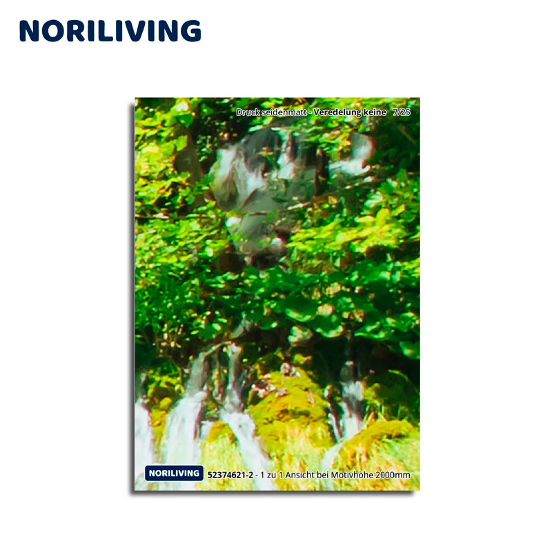Wandbild mit natürlichem Waldmotiv und Wasserfall, seidenmatte Oberfläche, ohne Veredelung Dekoratives Wandbild zeigt einen üppigen, grünen Wald mit Wasserfall, ideal für Wohnräume