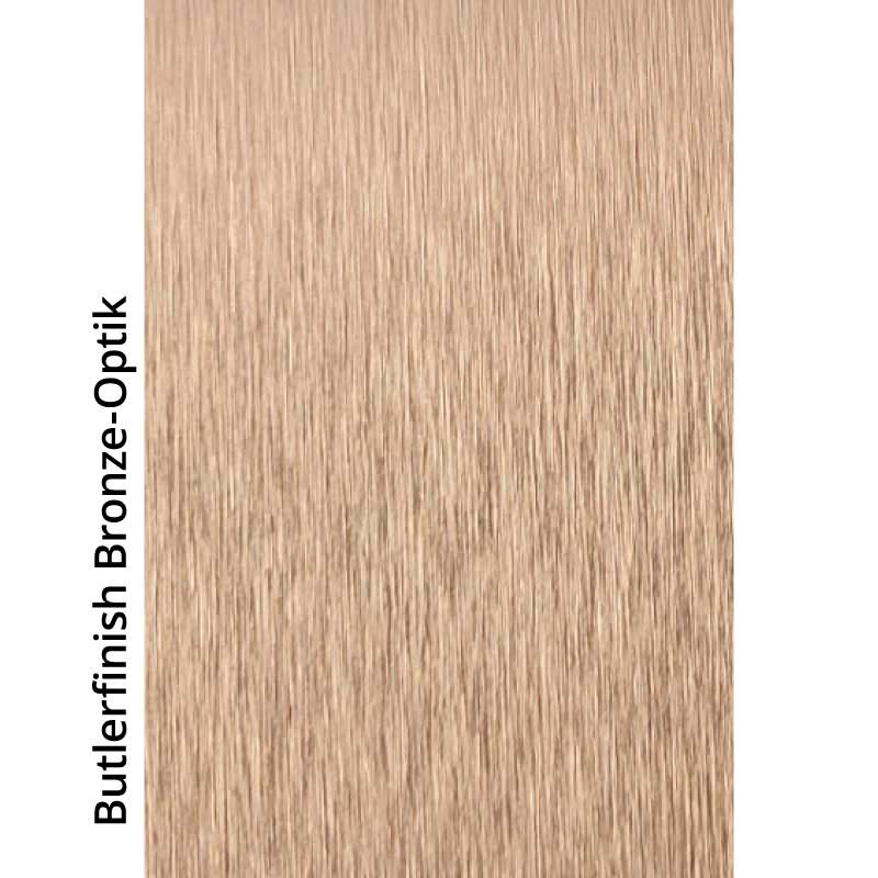 Oberfläche in Butlerfinish Bronze-Optik Nahaufnahme einer Oberfläche mit Butlerfinish Bronze-Optik, die eine gebürstete Textur zeigt.