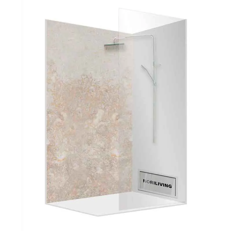 Offene Dusche mit beiger Natursteinwand und Glas