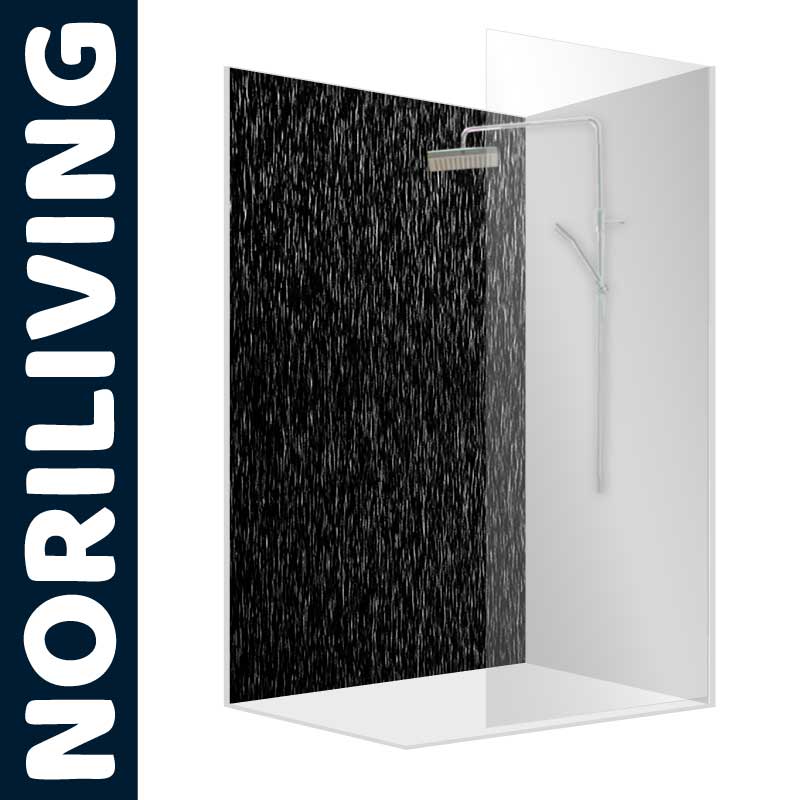 Moderner Duschrückwand-Panel mit stilvollem Design Ein eleganter Duschpaneel mit schwarzen und weißen Elementen sowie einem modernen Duschkopf