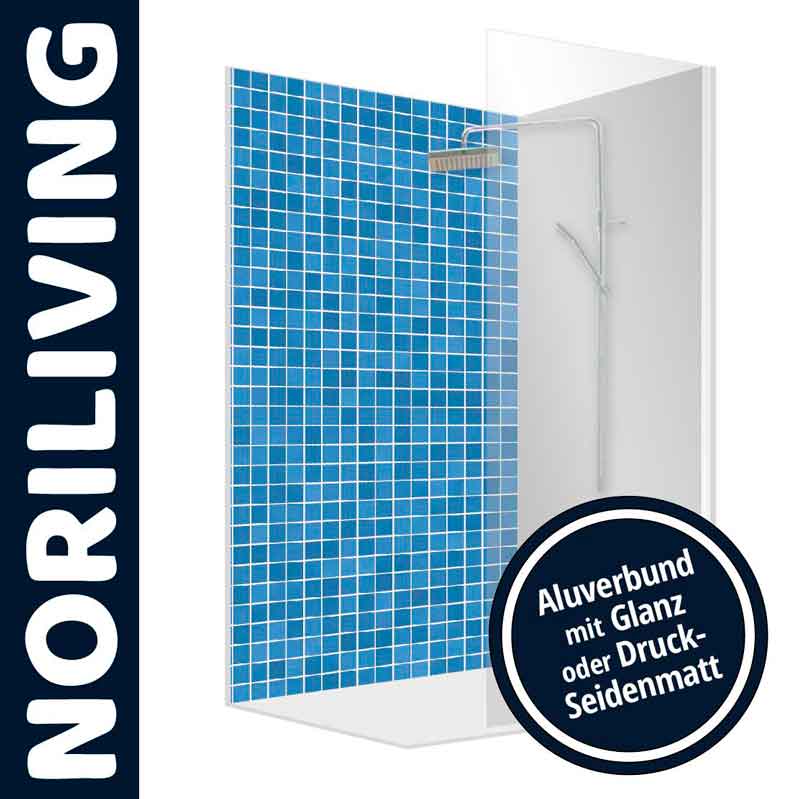 Moderne Duschwand aus Aluverbund mit blauem Mosaik Duschwand mit blauem Mosaikmuster und wählbarer Oberfläche aus Glanz oder Druck-Seidenmatt von Noriliving