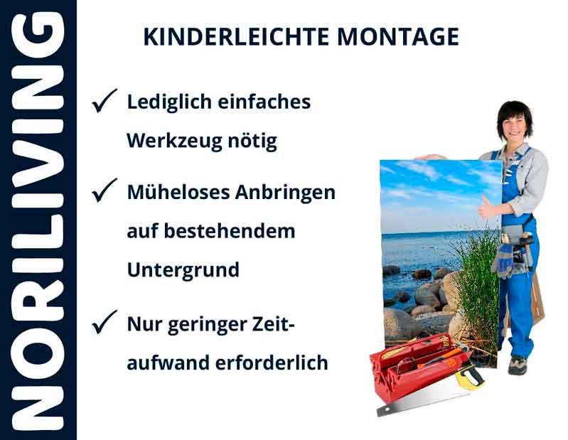 Plakat mit einfacher Montageanleitung und Person mit Werkzeugen Montageanleitung für NoriLiving-Produkte mit einfacher Installation und wenig Zeitaufwand, dargestellt von einer Person mit Werkzeug und einer Strandlandschaft auf einem Bild.
