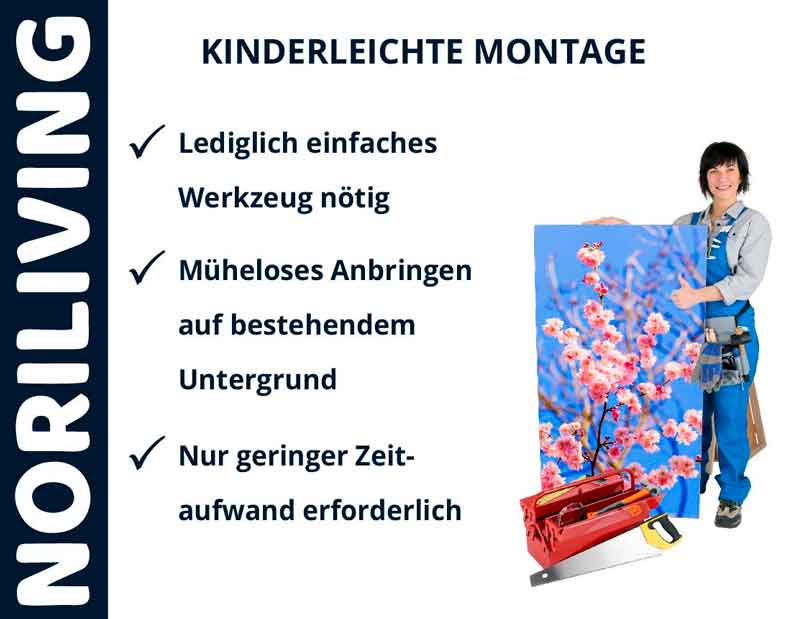 Kinderleichte Montage mit minimalem Aufwand Person mit Werkzeugkasten zeigt auf Leinwand mit Blumenmotiv, daneben einfache Montageanleitung von Noriliving.