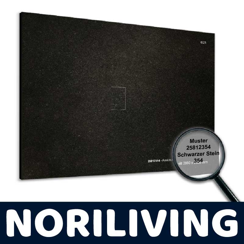 Musterplatte aus schwarzem Stein mit der Nummer 25812354 von Noriliving, vergrößert dargestellt mit einer Lupe