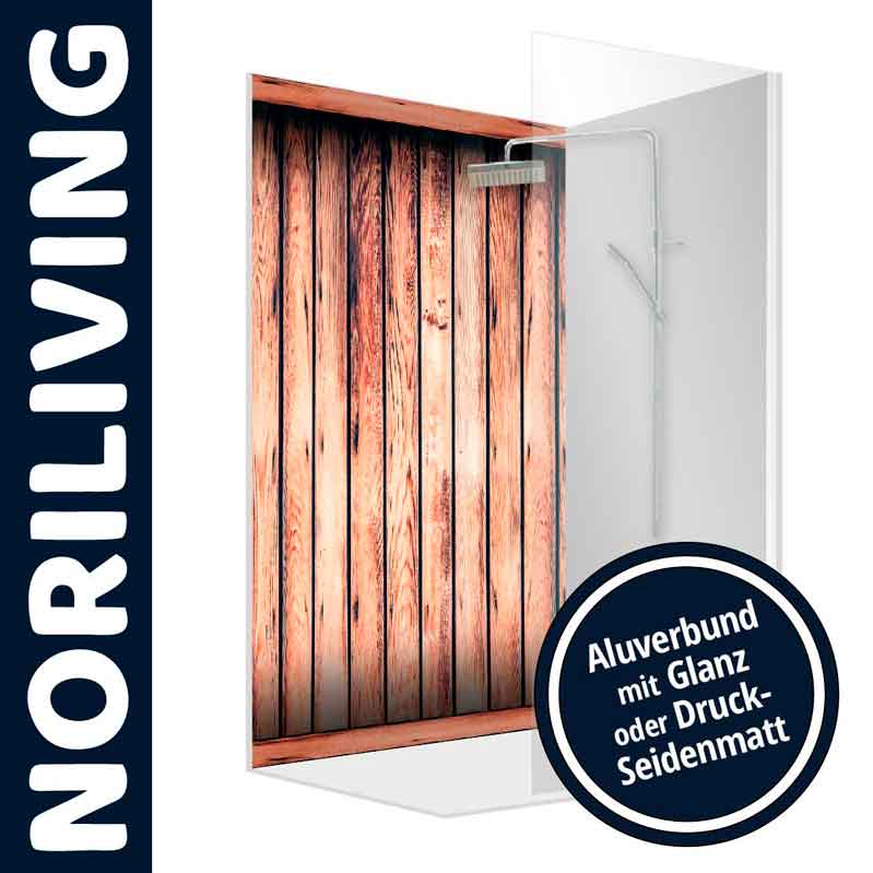 Noriliving Duschwandpaneel mit Holzoptik - Alubund Glanz oder Druck-Seidenmatt Duschwandpaneel von Noriliving in Holzoptik mit Alubund, erhältlich in Glanz oder Druck-Seidenmatt