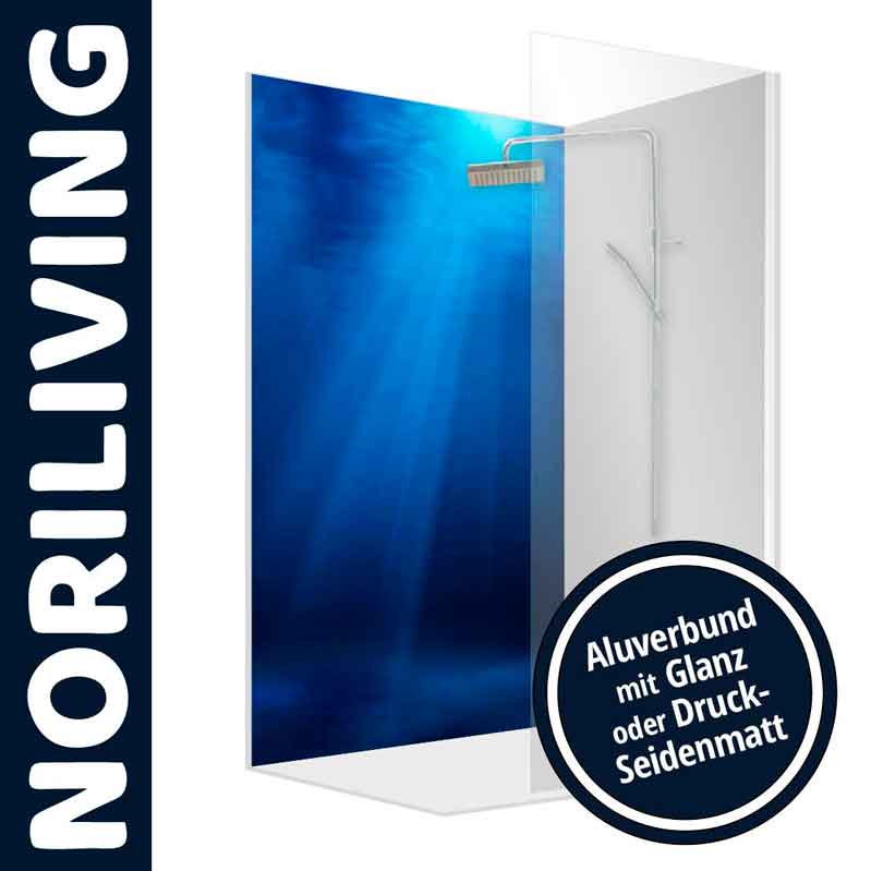 Noriliving Design-Duschpaneel mit Aluverbund Glanz oder Seidenmatt Elegantes Duschpaneel mit blauem Design und Aluverbund, wahlweise glanz- oder seidenmatt, von Noriliving