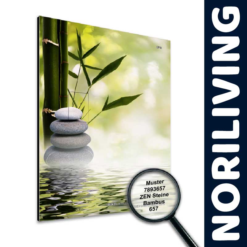 Leinwanddruck zeigt Zen-Steine und Bambus, umgeben von einer ruhigen natürlichen Umgebung, ideal für Entspannung und Meditation