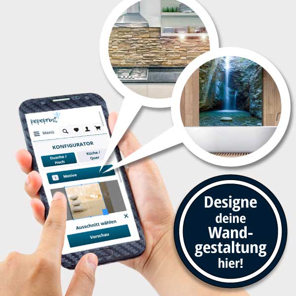 Smartphone-App zur individuellen Wandgestaltung mit verschiedenen Motiven Hände halten ein Smartphone mit einer App zur Wandgestaltung. Zwei Beispielbilder zeigen eine Natursteinwand und einen Wasserfall als Optionen. Text im Kreis: "Designe deine Wandgestaltung hier!"