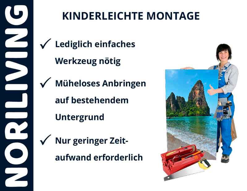 Person mit Bild und Werkzeugkoffer, kinderleichte Montage von NORILIVING Produkten
