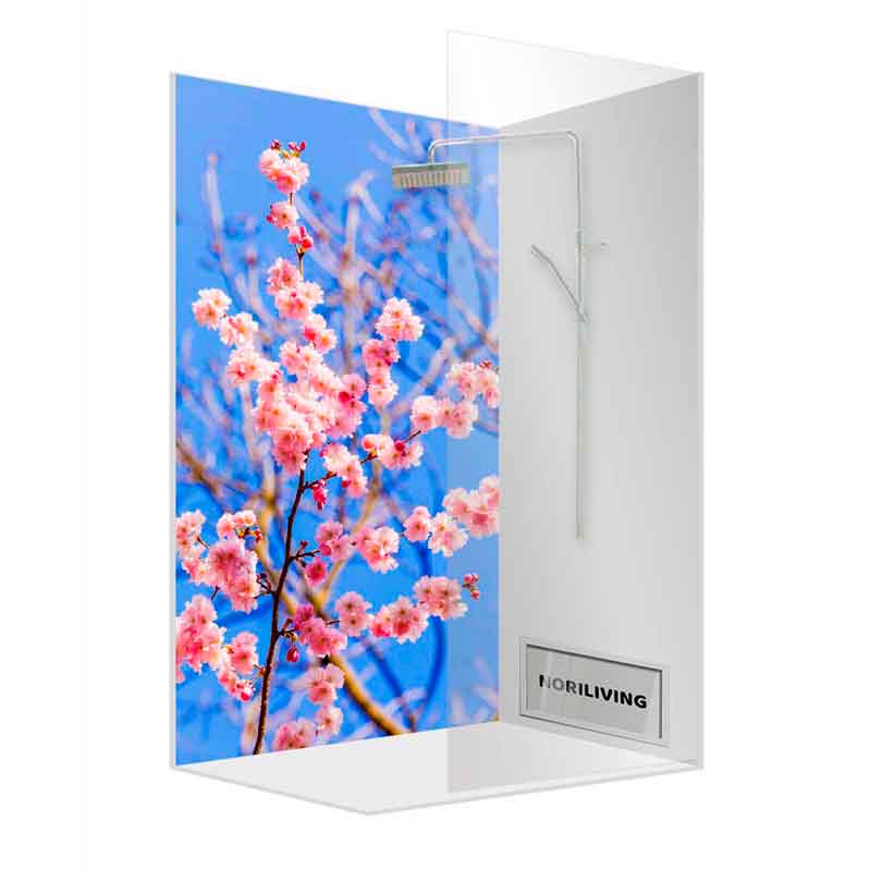 Duschwand mit Kirschblütenmuster auf blauem Hintergrund