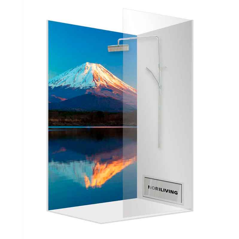 Duschkabine mit Berglandschaft-Design Moderne Duschkabine mit Bergmotiv im Hintergrund