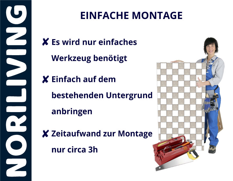 Einfache Montage mit minimalem Werkzeugaufwand Person mit Werkzeug zeigt einfache Montage-Anleitung mit ca. 3 Stunden Zeitaufwand auf bestehendem Untergrund. Schriftzug: NORILIVING.