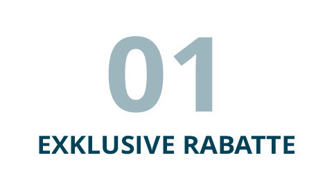 01 Exklusive Rabatte Grafik mit der Zahl 01 und dem Text Exklusive Rabatte