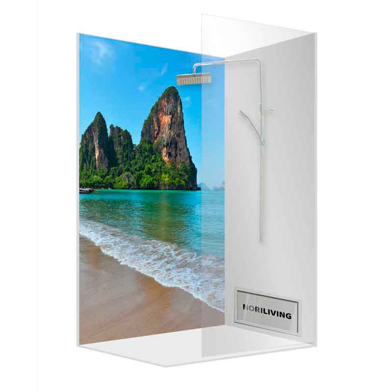 Duschrückwand mit Strandmotiv und Duschsystem Duschrückwand mit tropischem Strandmotiv und integriertem Duschsystem