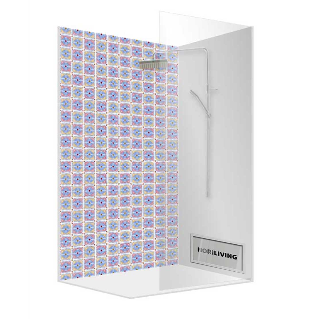 Duschkabine mit buntem Fliesenmuster und moderner Armatur Duschkabine mit farbenfrohen Fliesen und eingebauter Armatur von Norliving