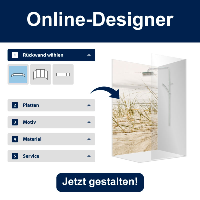 Screenshot des Online-Designers für Duschrückwände mit Optionen zur Auswahl von Rückwand, Platten, Motiv, Material und Service.