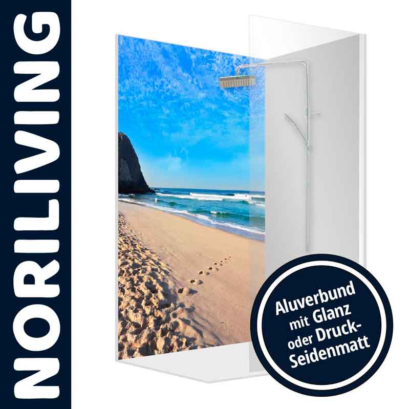 Duschwand von Noriliving mit Strandbild, erhältlich in Glanz oder Druck-Seidenmatt