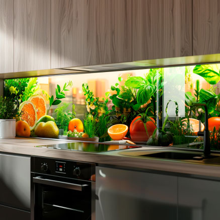 Moderne Küche mit Obst- und Kräuter-Dekoration Eine moderne Küche mit einer stilvollen Rückwand, die mit frischem Obst und Kräutern dekoriert ist, darunter Orangen und Zitronen.