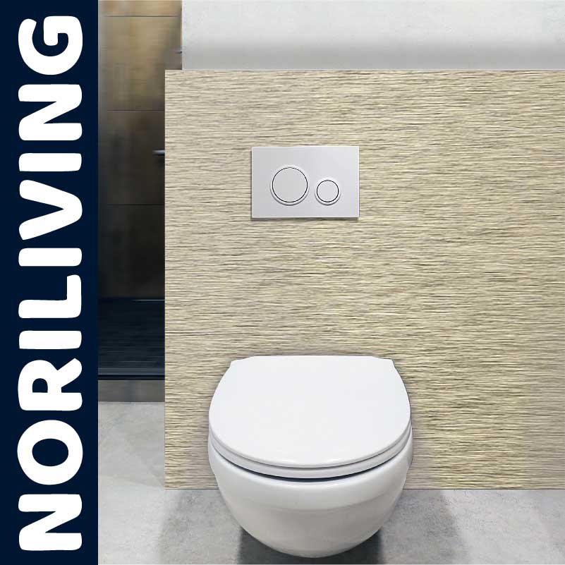 Moderner hängender Toilettensitz mit Spültasten in elegantem Design – NORILIVING Hängender Toilettensitz mit Spülmechanismus vor strukturierter Wand, NORILIVING