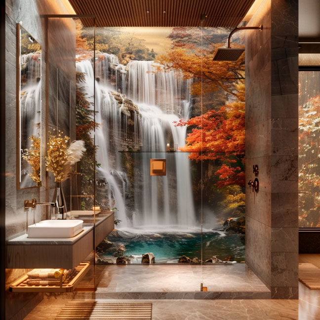 Luxuriöses Badezimmer mit Wasserfall-Motiv an der Wand Modernes Badezimmer mit Glasdusche und Fototapete eines Wasserfalls im Herbst, umgeben von buntem Laub.