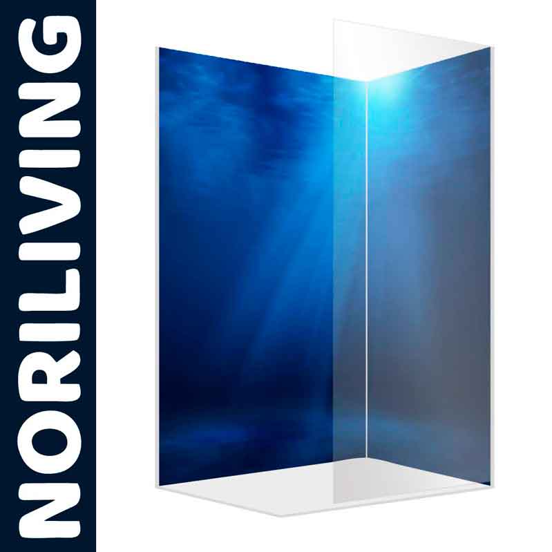 Duschkabine mit blauem Unterwassermotiv von Noriliving Duschkabine von Noriliving mit blauem Unterwassermotiv auf der Rückwand