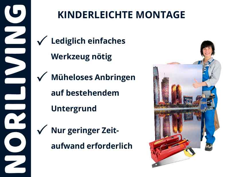 Noriliving-Werbung zeigt eine Frau, die ein Bild hält, und Montage-Vorteile: Einfaches Werkzeug, müheloses Anbringen, geringer Zeitaufwand.