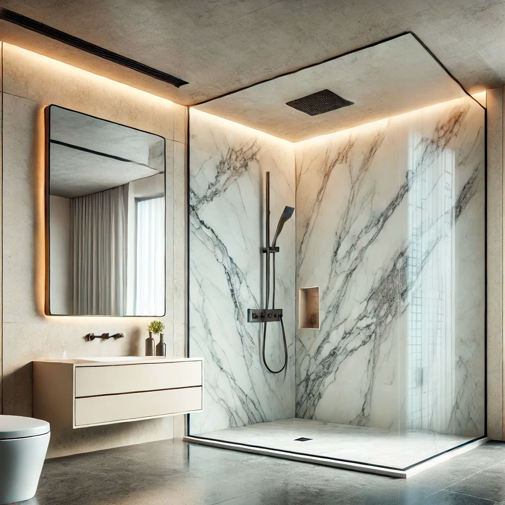Stilvolles Badezimmer mit Marmorfliesen, Glasdusche und beleuchtetem Spiegel