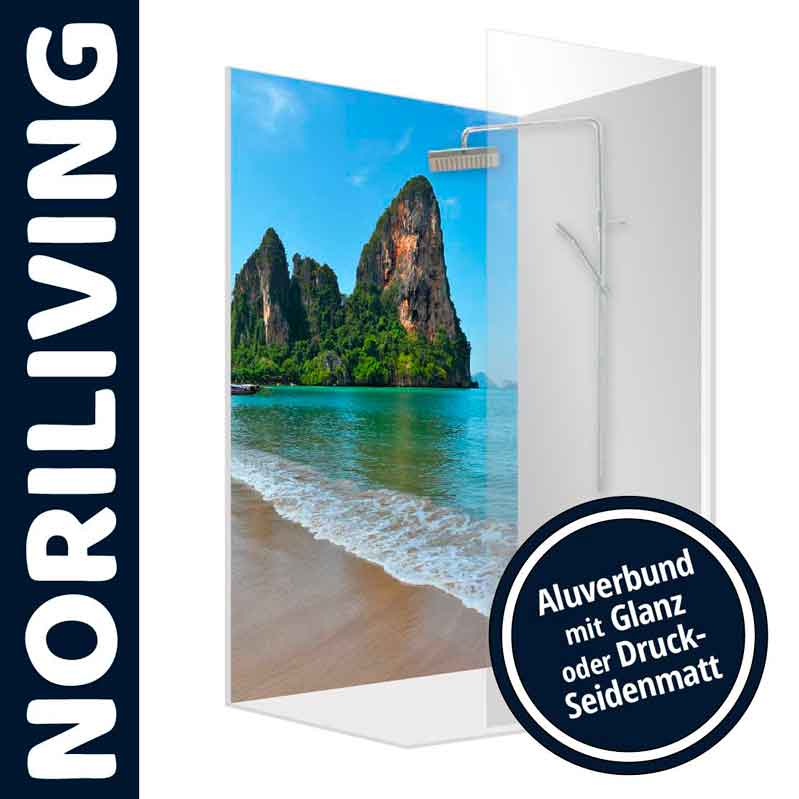 Duschwand mit Strandmotiv und Alubund in glänzend oder seidenmatt Duschwand mit tropischem Strandmotiv und Alubund in glänzend oder seidenmattem Finish