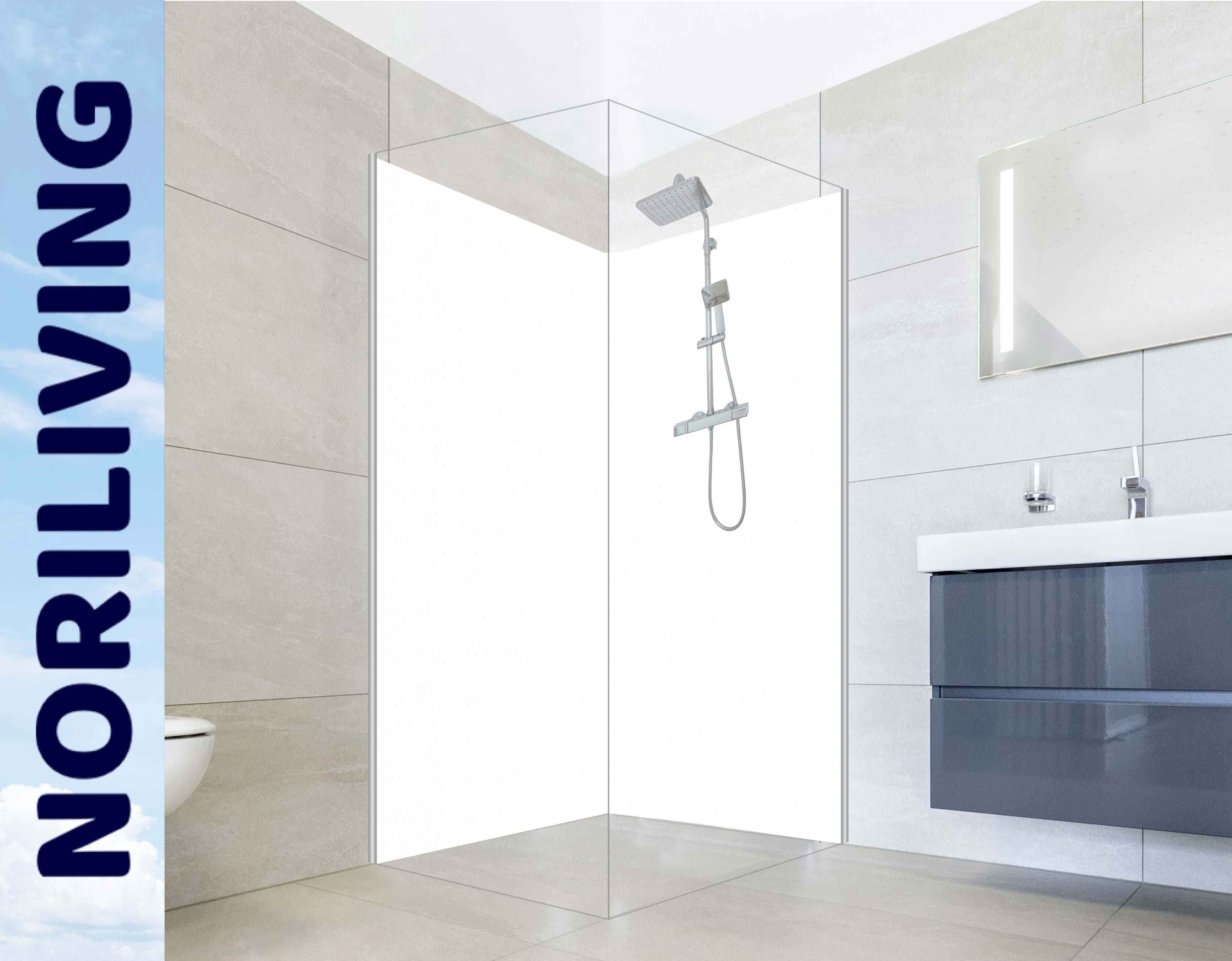 Moderne Duschkabine mit Regendusche von NORILIVING Elegante, minimalistische Duschkabine mit Regendusche und grauen Fliesen in einem Badezimmer