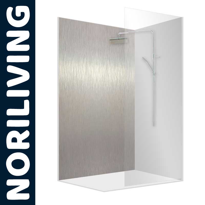 NORILIVING Duschglaswand in modernem Design mit metallischer Rückwand Transparente Duschglaswand von NORILIVING mit stilvoller metallischer Rückwand und integriertem Duschkopf