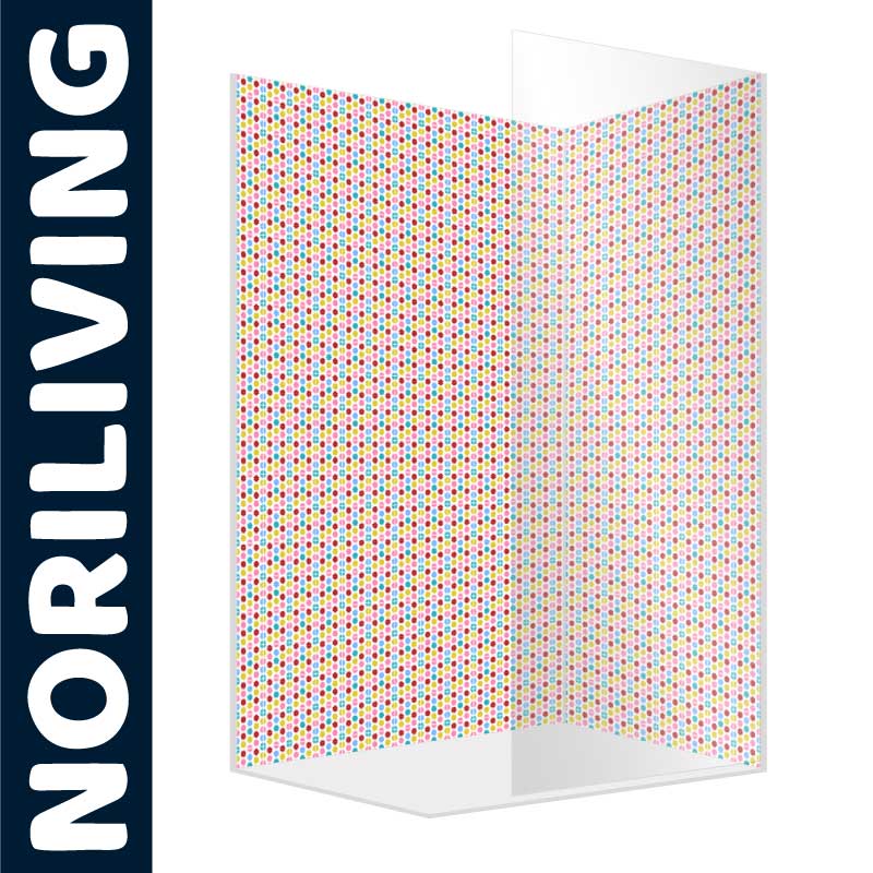 NORILIVING Duschtrennwand mit buntem Punktmuster Duschtrennwand von NORILIVING mit farbenfrohem Punktmuster, ideal für modernes Bad