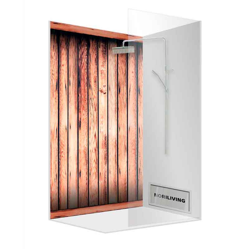 Moderne Duschkabine mit Holzoptik-Design Eckduschkabine mit Holzpaneel-Design und Regenduschkopf