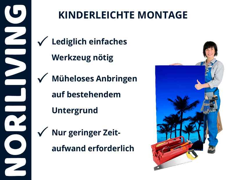 NORILIVING - Kinderleichte Montage mit einfachem Werkzeug Eine Person präsentiert das NORILIVING-Produkt mit dem Hinweis auf einfache Montage, nur grundlegendes Werkzeug nötig.