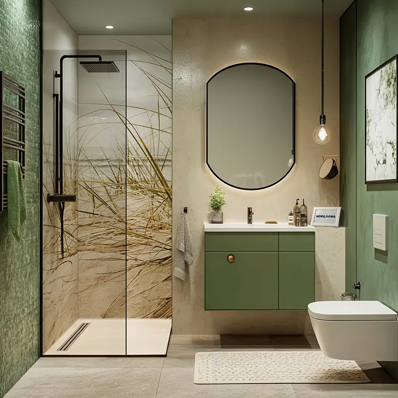 Helles Bad mit grünem Waschtisch und Glasdusche