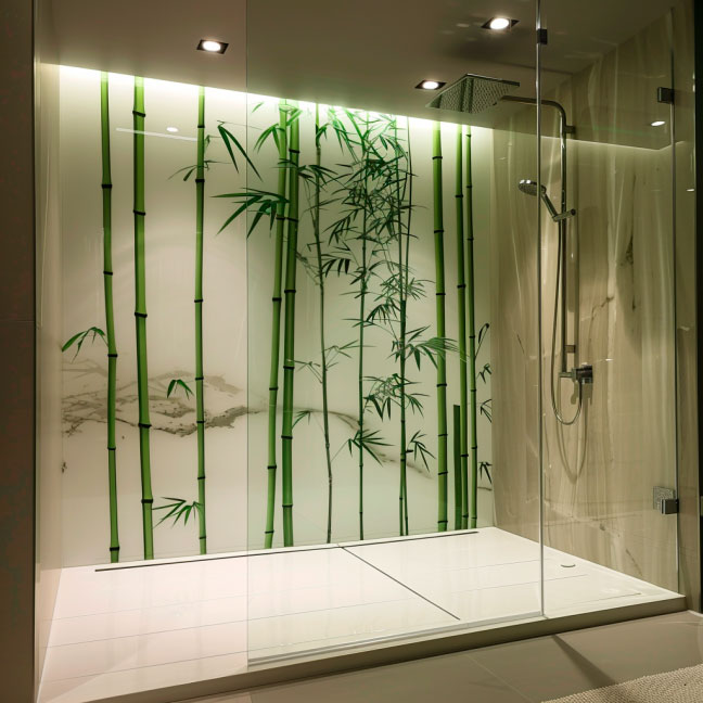 Moderne ebenerdige Dusche mit Bambus-Motiv Ebenerdige Dusche mit gläserner Trennwand und dekorativer Wandverkleidung mit Bambus-Design in modernem Badezimmer