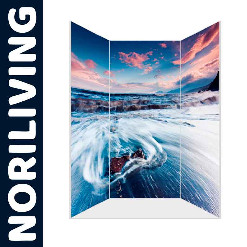 Raumteiler mit atemberaubendem Meeresmotiv und Himmel in Pink- und Blautönen von NORILIVING.