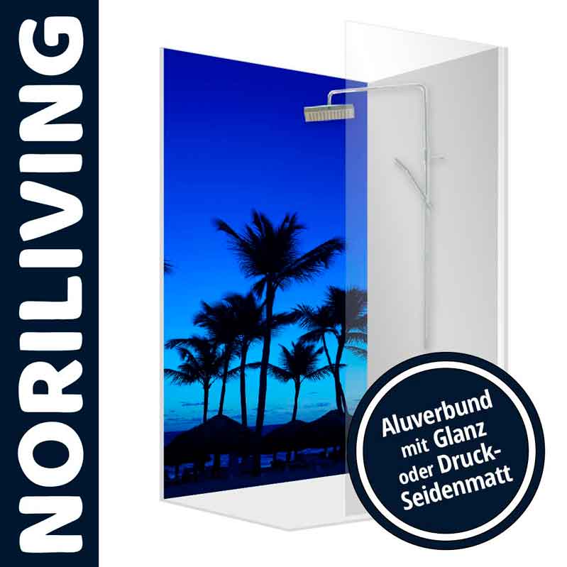 Dekorative Duschrückwand mit Palmenmotiv für das Badezimmer, verfügbar in Aluverbund mit Glanz oder Seidenmatt.