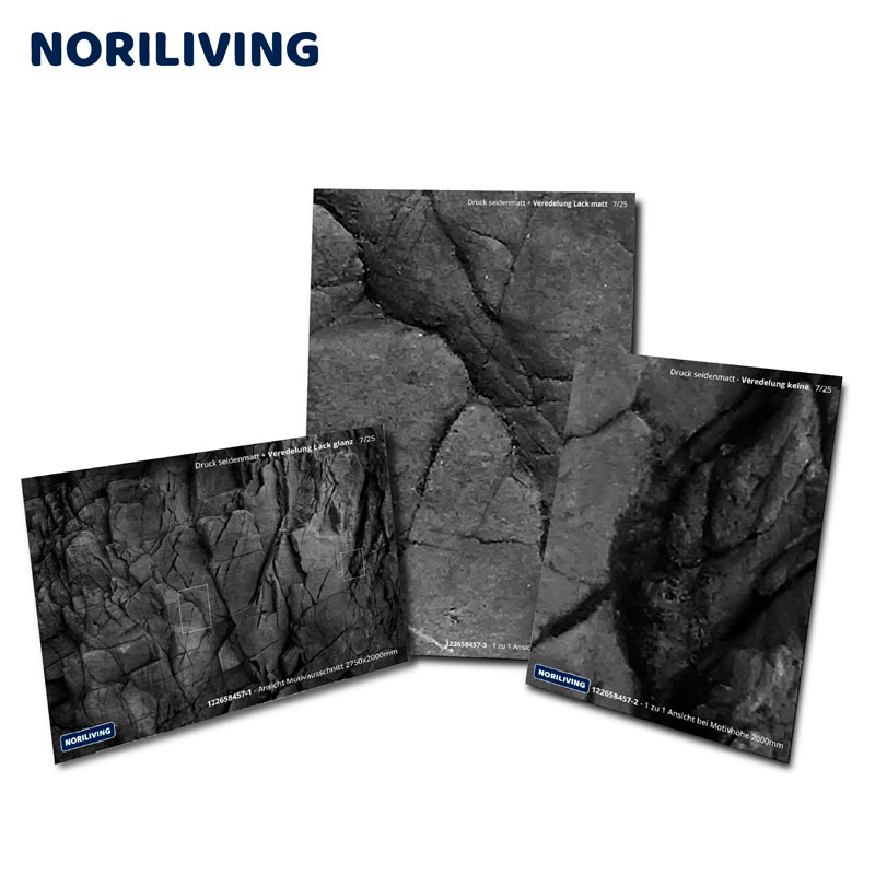 Noriliving Fotodrucke auf seidenmattem Papier mit verschiedenen Veredelungen Drei verschiedene Fotodrucke von Noriliving, die Gesteinsoberflächen in seidenmattem Finish zeigen, mit verschiedenen Veredelungsoptionen