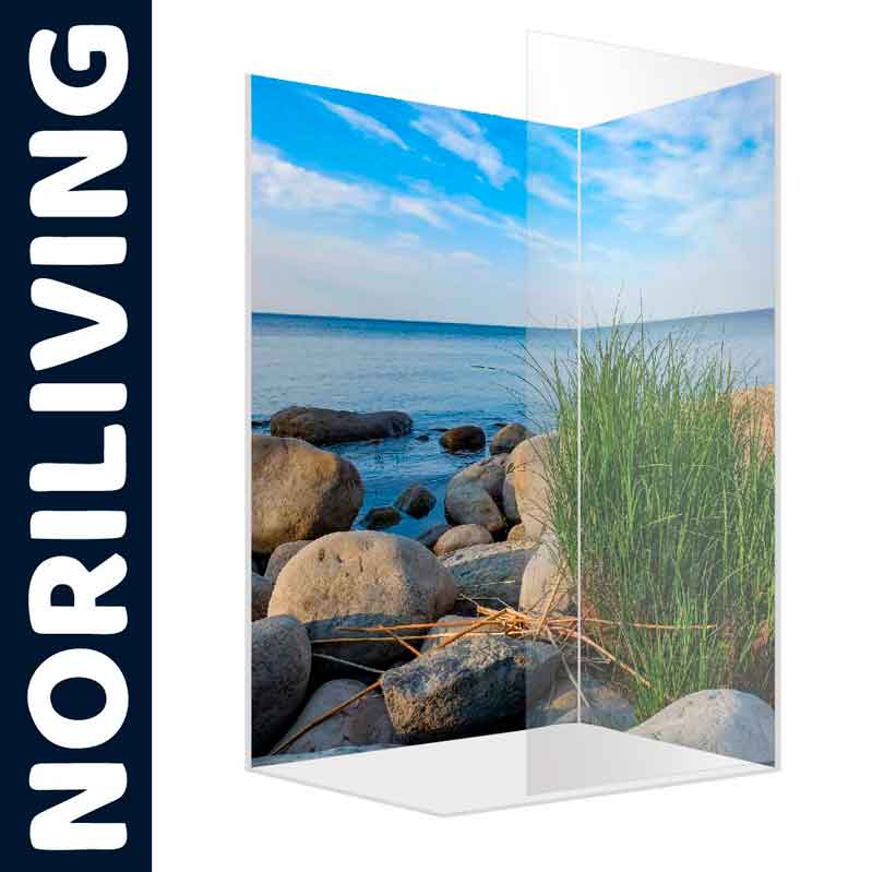 NORILIVING Duschabtrennung mit Küstenmotiv und Gras Transparente Duschwand mit Naturmotiv aus Steinen, Gras und Meer von NORILIVING