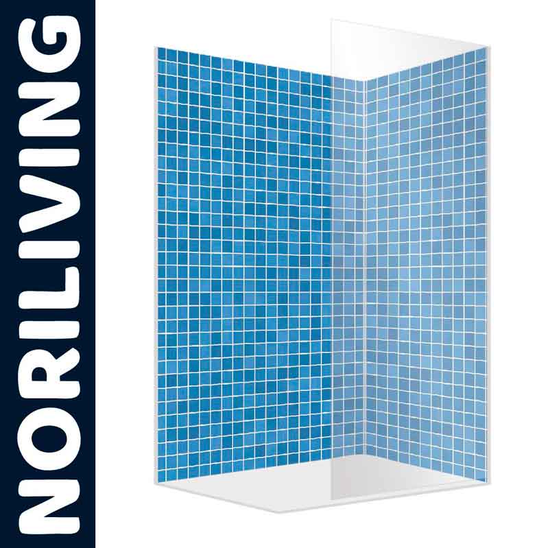 Transparente Duschwand mit blauem Mosaik-Design von Noriliving