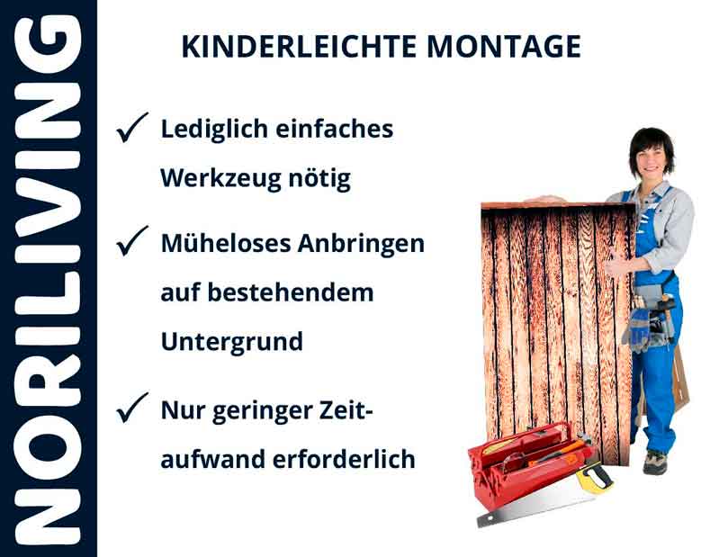 NORILIVING - Kinderleichte Montage mit einfachem Werkzeug Werbung für NORILIVING-Produkte mit einfacher Montage, Person in Arbeitskleidung mit Werkzeug