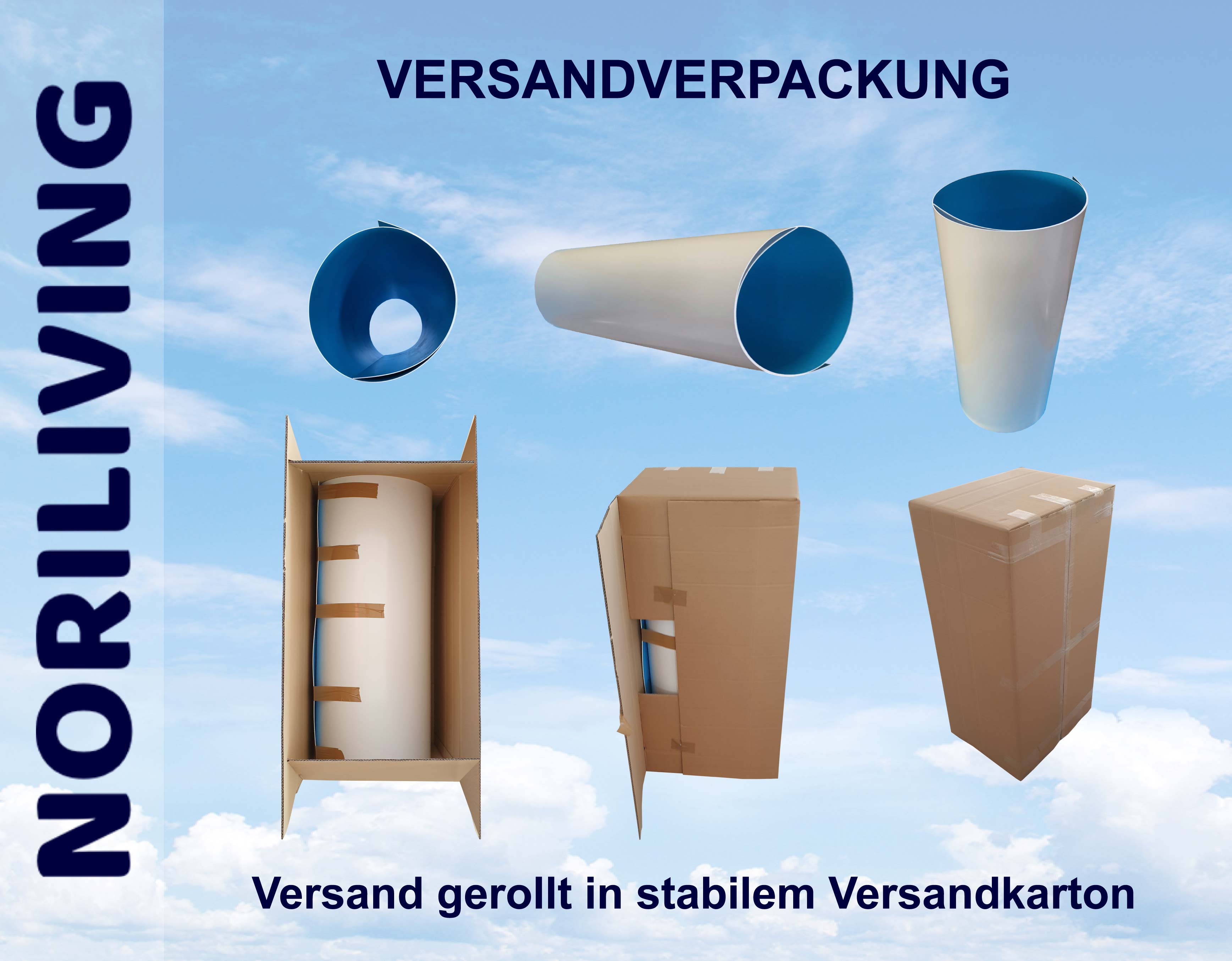 Versandverpackung von Noriliving - Robuster Versand im stabilen Karton Darstellung der Versandverpackung von Noriliving mit gerolltem Inhalt in stabilem Versandkarton vor blauem Himmel.