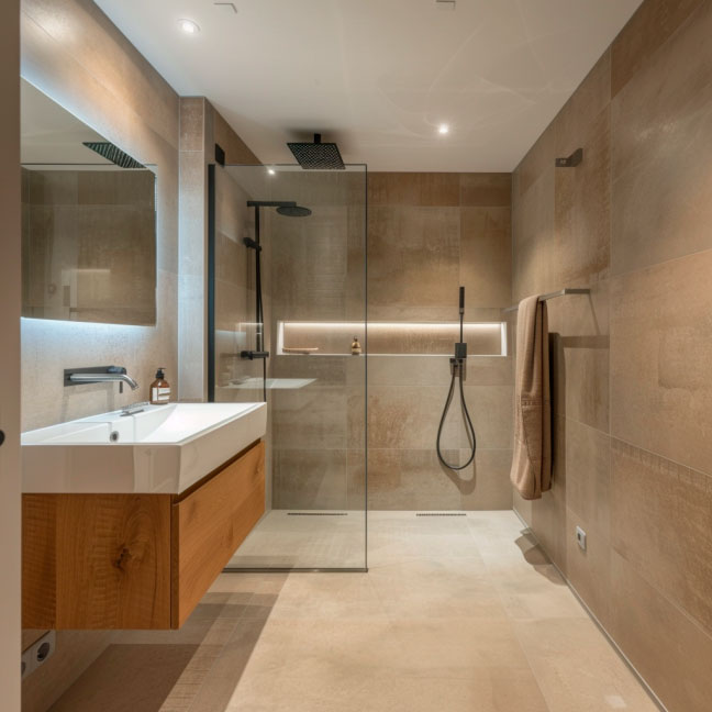 Modernes Badezimmer mit großer, begehbarer Dusche und Holzwaschtisch Elegantes Badezimmer mit begehbarer Glasdusche, hölzernem Waschtisch und neutralen Wandfliesen