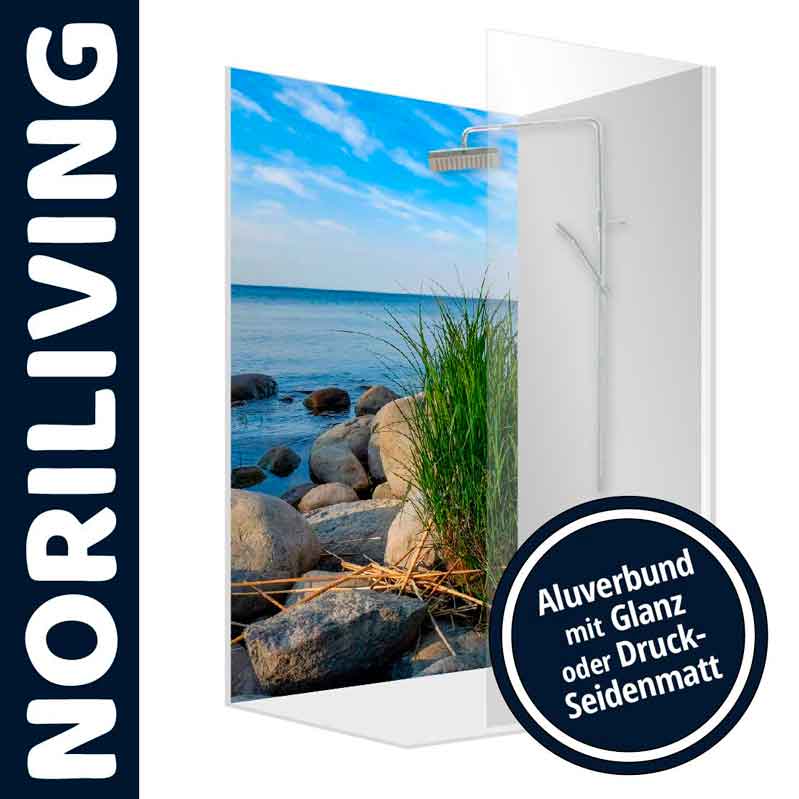 Duschwand von Noriliving mit Landschaftsmotiv einer Küste, Aluverbund mit Glanz oder Seidenmatt