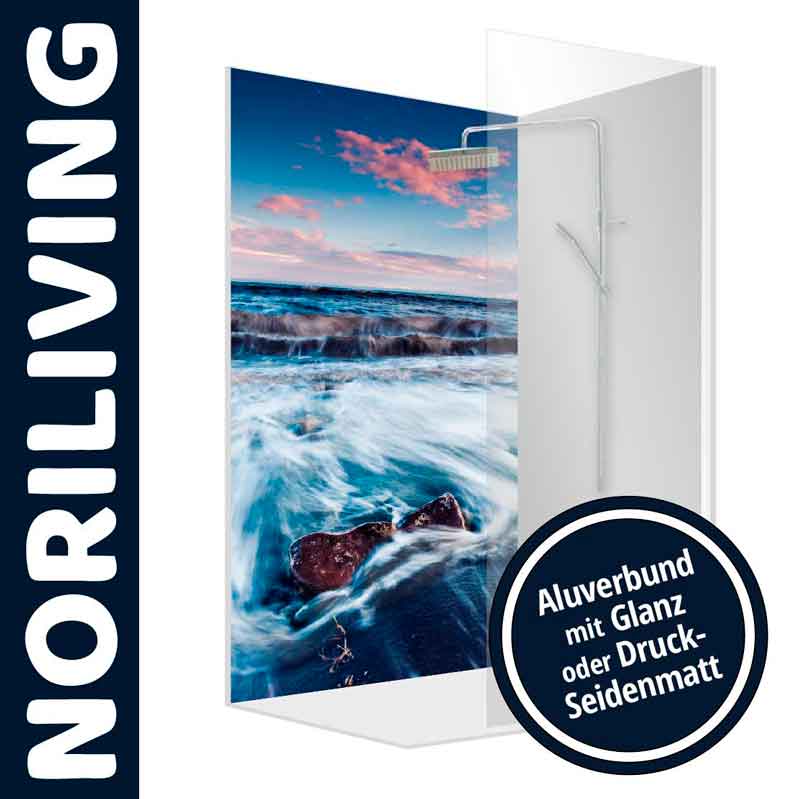 Duschwand von NORILIVING mit farbigem Ozeanmotiv und Option für Glanz oder Druck-Seidenmatt Oberfläche
