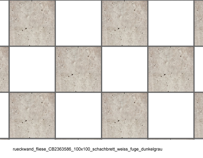 Rückwandfliese im Schachbrettmuster 100x100 cm mit weiß-grauen Natursteinfliesen und dunkler Fuge Schachbrettmuster aus 100x100 cm großen Natursteinfliesen in Weiß und Grau mit dunkler Fuge, Rückwandfliese